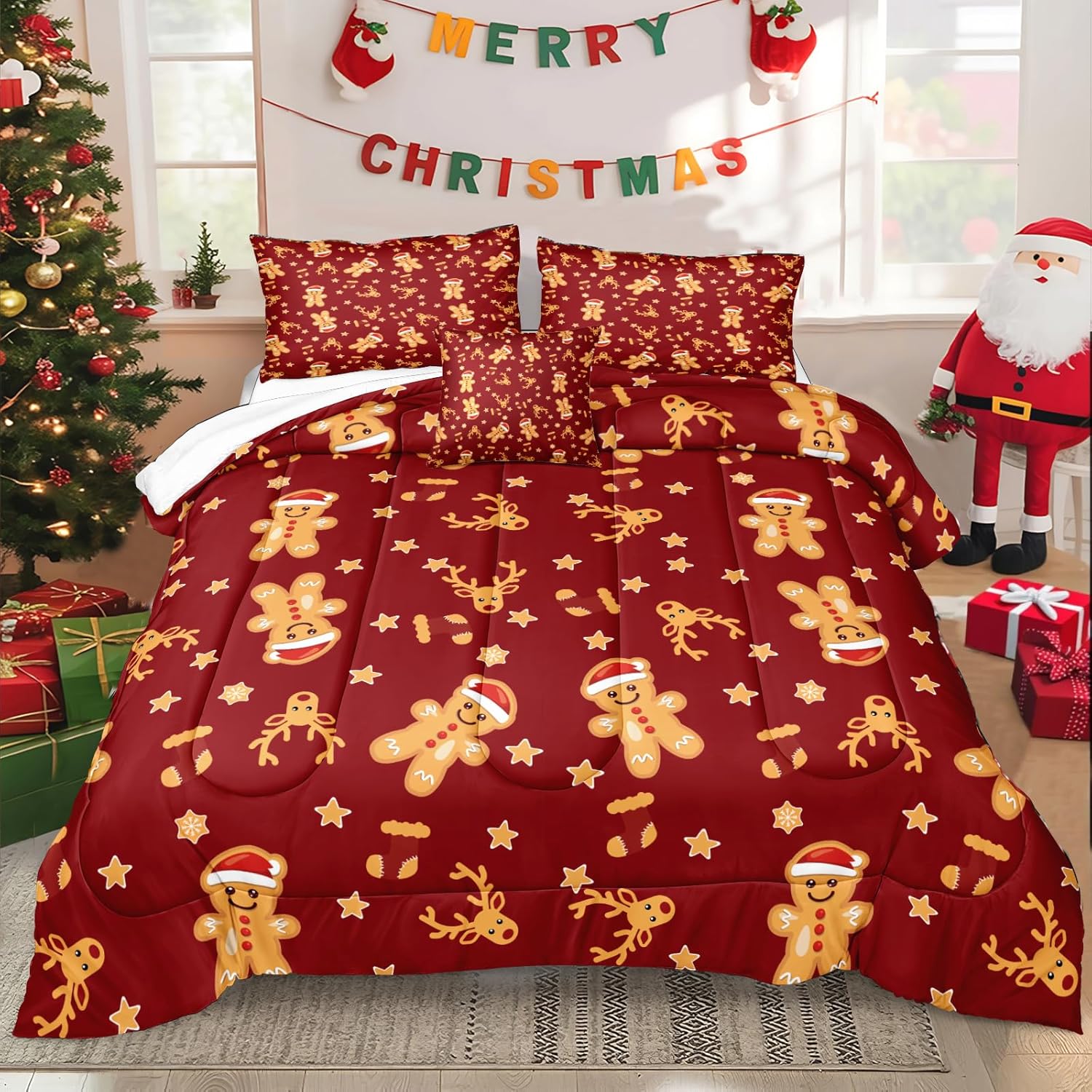 Bedbay Cartoon Christmas Bedding Set  Red and Gold Christmas Gingerbread Stars Elks Comforter Happy New Year Xmas Theme Quilt Set for Boys Girls Teen
